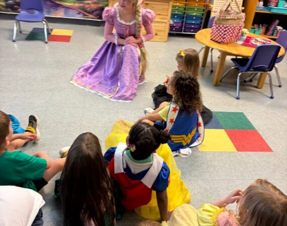 Kids chatting with Rapunzel at Creative Childcare Academy and Camp in Fredericksburg